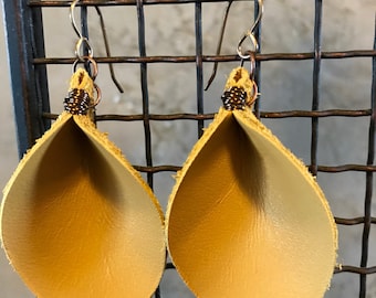 Mustard Yellow Leaf Leather Earrings