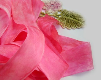 Hand Dyed Pink Raw Edge Silk Ribbon - Australia - Florist Ribbon - Fiber Arts and Crafts - Raspberry Kisses