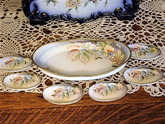 Antique Nippon Serving Bowl Set / Moriage Gold Beaded Porcelain Nut Set/ 6 Salt Cellars