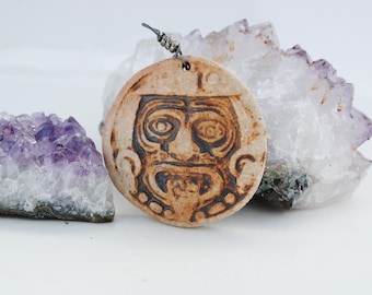 ceramic aztec pendant clay necklace mayan focal bead mexican jewelry