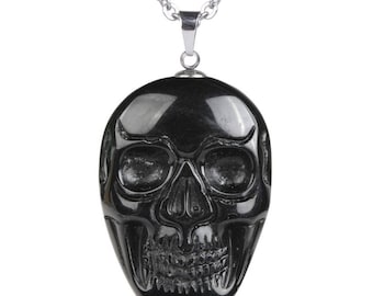 34-36mm Black obsidian carved skull pendant focal bead (pendant only)