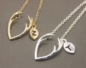 Antler Necklace, Deer Necklace, Dear Antler Necklace, Antler Jewelry, Minimalist Necklace, Personalized Initial Necklace NB708