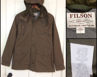 Filson ligero algodón caza chaqueta abrigo cuello pana marrón grande verde oliva de tamaño parka y forrado capucha puños realizado en Estados Unidos