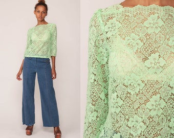 Sheer Lace Top 70s Boho Shirt PUFF SLEEVE Blouse Tunic Mint Green Romantic 1970s Hippie See Through Bohemian Chic Long Small