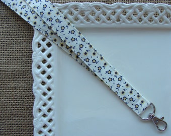 Fabric Lanyard- Blue & Yellow Flowers on Cream