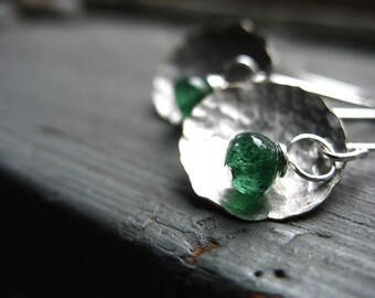 Aventurine Earrings, Green Aventurine Gemstone Dangle Drop Earrings, Hammered Silver Dome, Handmade Earrings, Gemstone Jewelry
