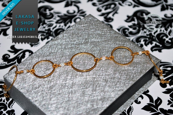 Handmade Chain Circles Bracelet Sterling Silver 925 Gold-plated with Freshwater Pearls Best Gift Ideas for her Birthday Anniversary Woman