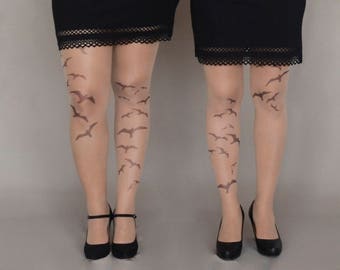 Tattoo Tights with Birds, Semi-Sheer Tights, S-XXL Sizes Available, Printed Tights, Pantyhose
