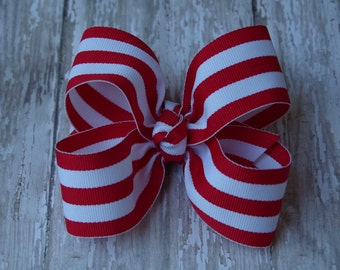 Red and White Stripe Large Hair Bow 4" Alligator Clip Girls Hairbow Candy Cane Christmas Hair Bow Red Stripe Hair Bow Christmas Large Bow