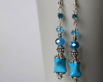 Boho Turquoise Danglies, Long Turquoise Stone Earrings, Turquoise Jewelry, Handmade Silver Earrings, Turquoise Bead Earrings, OOAK, Eclectic
