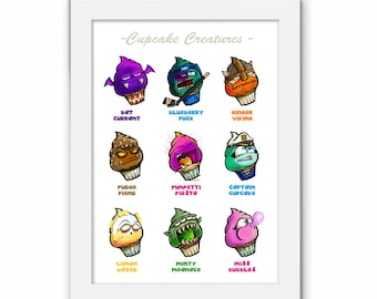 Cupcake Creature Print, Kitchen Art Baker, Cupcake Bakery, Cartoon Illustration, Food, Cute Cakes
