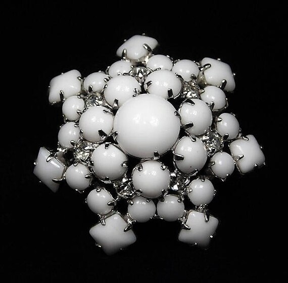 Domed Milk Glass Rhinestone Brooch