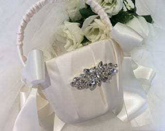 Flower Girl Basket, Ivory Flower Girl Basket, Wedding Basket, Rhinestone Flower Basket