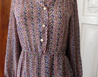 70s 90s Boho Dress / 80s secretary dress/ print dress- M-L