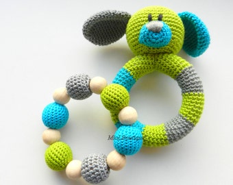 Baby rattle SET of 2 Crochet Baby toy Grasping Teething Toys Dog Teether Stuffed toys Gift for baby Girls Boys