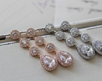 Rose Gold Art Deco Earrings , Vintage Style Crystal Earrings, Bridal Earrings, Wedding Earrings, Crystal Drop Earrings, Zircon Earrings