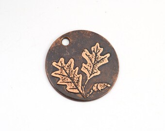 Copper oak leaves charm, fall acorn, small flat round handmade etched jewelry supply, 22mm
