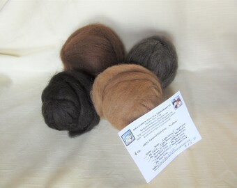 4 oz. Alpaca Roving - 100% Natural Black/Medium Brown/Medium Fawn & Medium Rose Grey Combo Pack For Spinning, Nuno Felting or Needlefelting