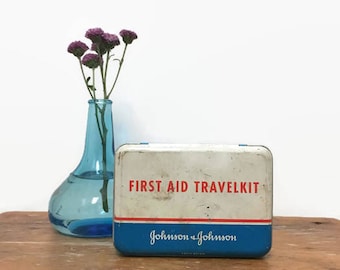 Tin First Aid Kit, Johnson & Johnson Travel Kit, 1960s, Includes Medical Supplies and Instructions