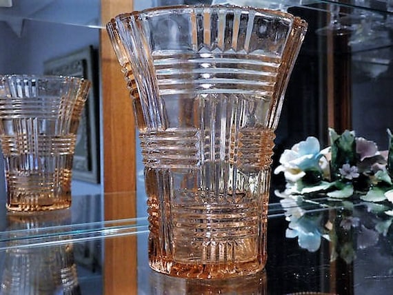 Pink Depression Glass / Vase / QUEEN MARY / Prismatic / Basket Weave