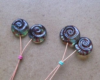 Lampwork Headpins - Glass Headpins - Ammonite Glass Headpins - Copper wire - Glass Headpins Pair - SueBeads - Headpins - Glass Heapins