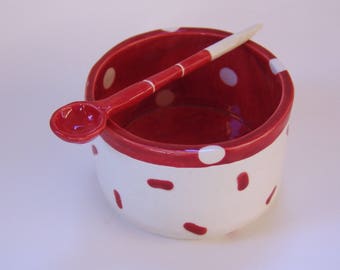 whimsical pottery Sugar Bowl w/ handmade ceramic spoon Red & White polka-dots, salt dish, condiment dish
