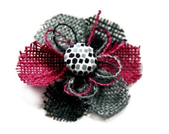 Gray, Hot Pink and Black Small Burlap Flower Accessory - Black, White and Gray Center