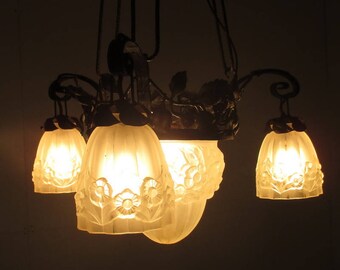 Antique art deco chandelier, ceiling light, pressed glass bowl and 3 shades France, ca 1920