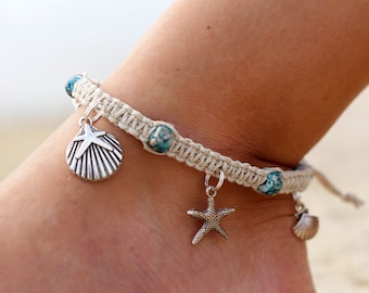 Hemp Anklet, Starfish Anklet, Beach Anklet, Macrame Anklets, Natural Twine Anklet, Beaded Anklets, Christmas Gifts