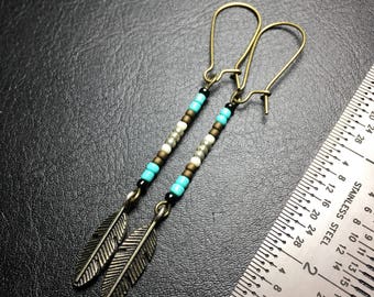 Seed beads earrings, feather earrings, long earrings
