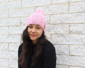 Womens winter hat, Knit slouchy hat, Pink hat - Knit hat with pom pom - The Pryanka