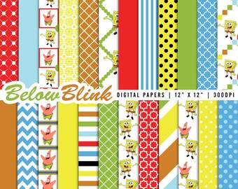 SpongeBob and Patrick Digital Paper Pack, Scrapbooking Papers, 24 jpg files 12 x 12 - Instant Download - DP296