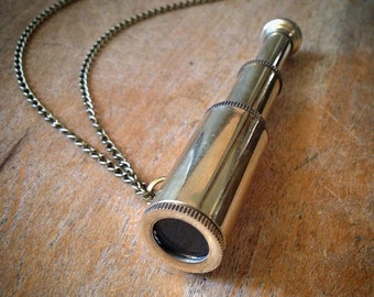 Telescope Necklace, Collapsible Spyglass Necklace, Shiny Gold Brass Vintage Style Pirate