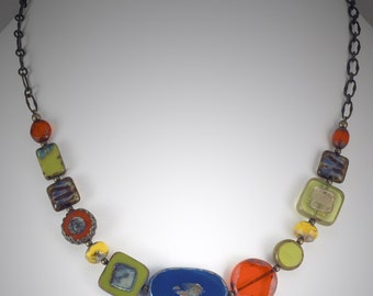 Blue, Orange and Chartreuse Czech Glass Bead Necklace