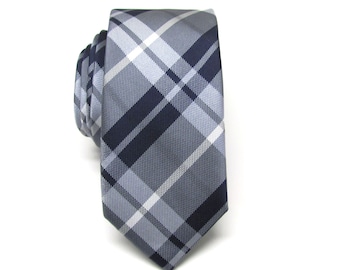 Mens Tie. Necktie Navy Blue Gray Plaid Mens Skinny Tie