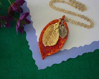 Triple Rose Leaf Necklace, 3 Rose Leaf Necklace, Three Leaves, Rose Gold Leaf, Copper Leaf, Platinum, Real Leaf, DLC64