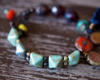 Beaded Bracelet - Ethnic Tassel Bracelet - Garnet and Turquoise Bracelet - Boho Bracelet - Tile Bracelet - Bead Soup Jewelry
