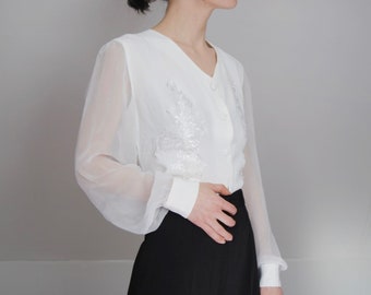 1990s sheer sleeve blouse with lace -- lace appliqué, vintage western shirt, puff sleeve, bohemian, boho, 1990s 90s clothing