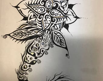 Original Pen and ink drawing "Swimming Flower"