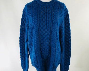 Vintage 90s Lord & Taylor Fisherman Blue Sweater Cable Knit 100% Wool Size Large