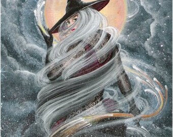 Halloween Folk Art Swirling Witch Broom Print "Conjuring" Moon Byrum Art HAGUILD