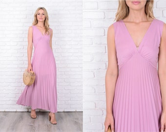 Vtg 70s Pink Maxi Dress Boho Plunging V neckline Sleeveless Accordion Pleated 11528