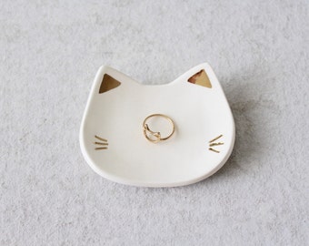 Cat Ring Dish with Gold - White