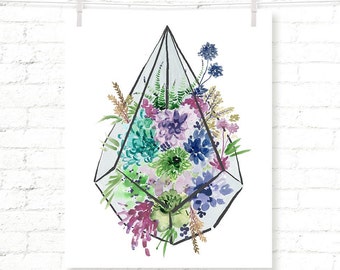 Terrarium - Blues - Succulent - Cactus - Watercolor - Art Print - Wall Art