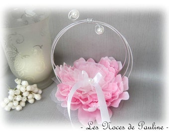Holder, pink and white large flower rings wedding "Scrolls" b