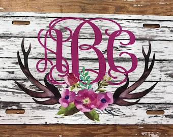 monogram license plate antlers wood look distressed car tag personalized monogrammed