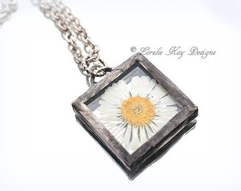 English Daisy Flower Necklace Pressed Flower Delicate Daisy Soldered Botanical Pendant Lorelie Kay Original