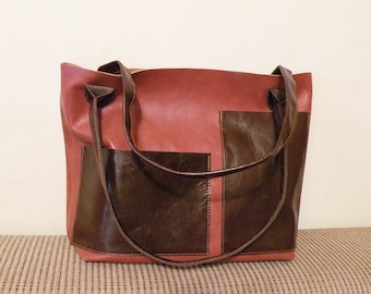 sale - leather tote – ooak handmade chestnut brown bag - leather bag with pockets - genuine italian quality leather "FABRIZIA"