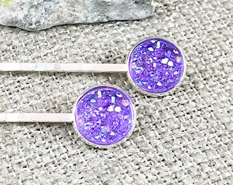 Bridesmaid Hair Pins - Purple Druzy Bobby Pins - Drusy - Wedding Hair Pins - Hair Clips - Barrettes - Flower Girl Gift - Hair Jewelry -