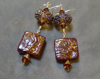 Lampwork Ceramic and Beaded Earrings-Organic Ceramic Artisan Earrings-Artisan Lampwork Dangle Earrings-SRAJD - Artisan Ceramic Beads